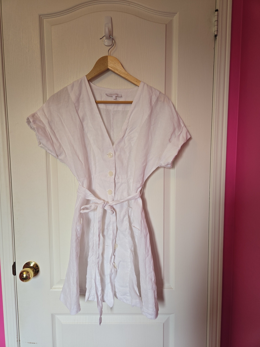 White Button-Front Linen Dress with Waist Tie